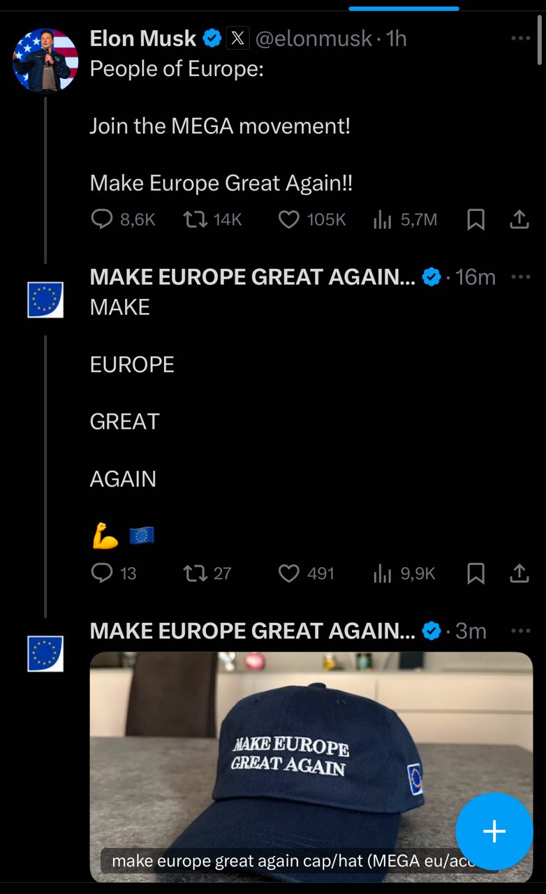 Elon Musk vrea să schimbe și Europa cu... George Simion. După trend-ul început în SUA, Elon Musk și soldații săi de pe X promovează puternic curentul - MEGA - Make Europe Great Again