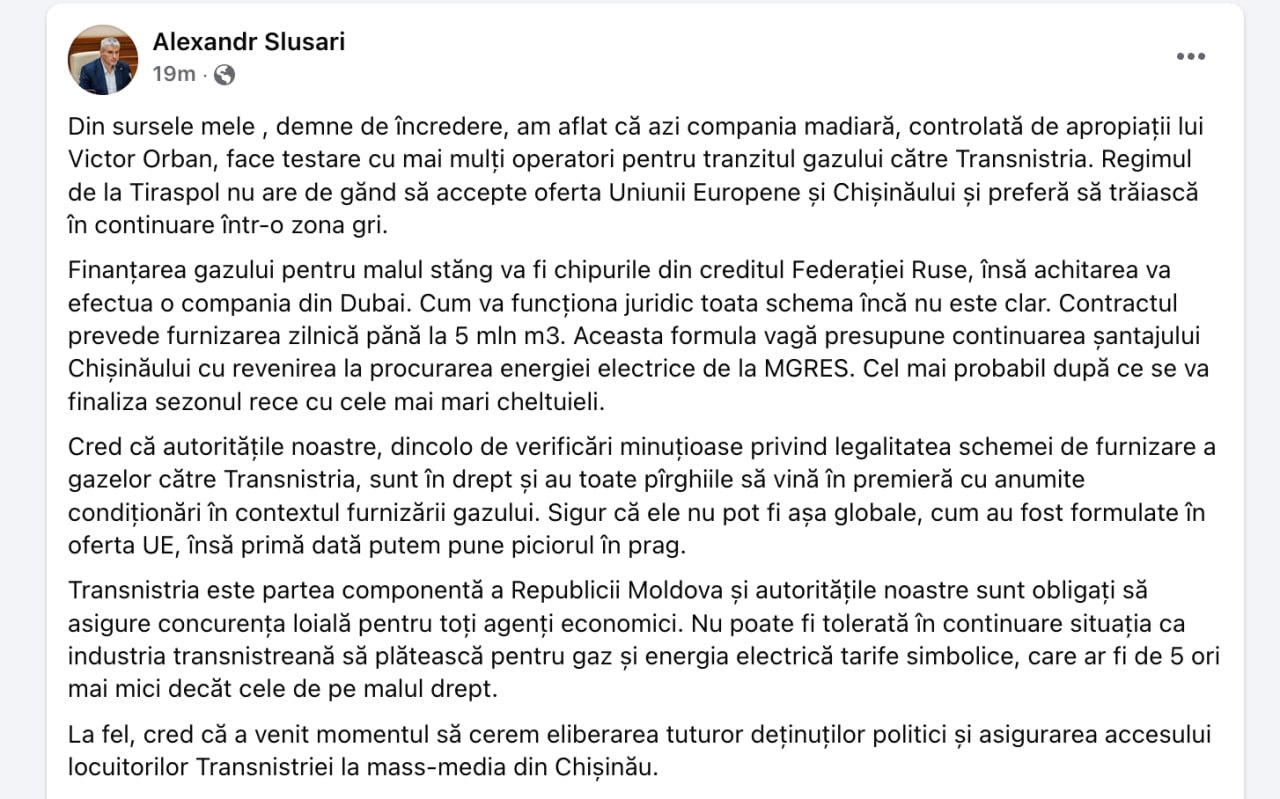 Sursele lui Slusari: Liderii separatiști de la Tiraspol nu vor să accepte oferta UE și caută opțiuni de a aduce gaz prin Ungaria lui Viktor Orban, plătit de ruși prin Dubai