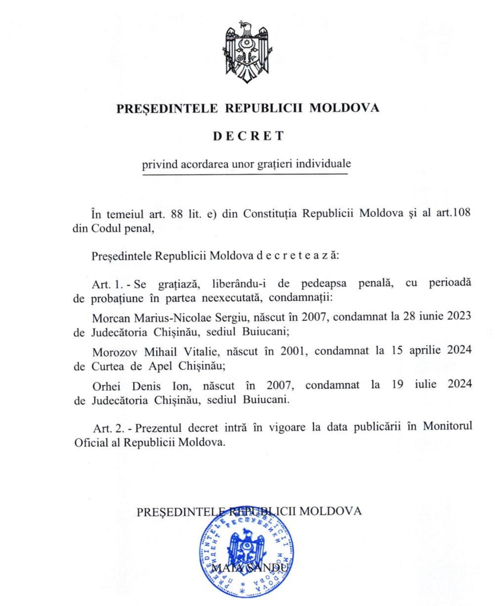 Decizie rară a Maiei Sandu: A grațiat 3 condamnați la recomandarea Comisiei de grațiere