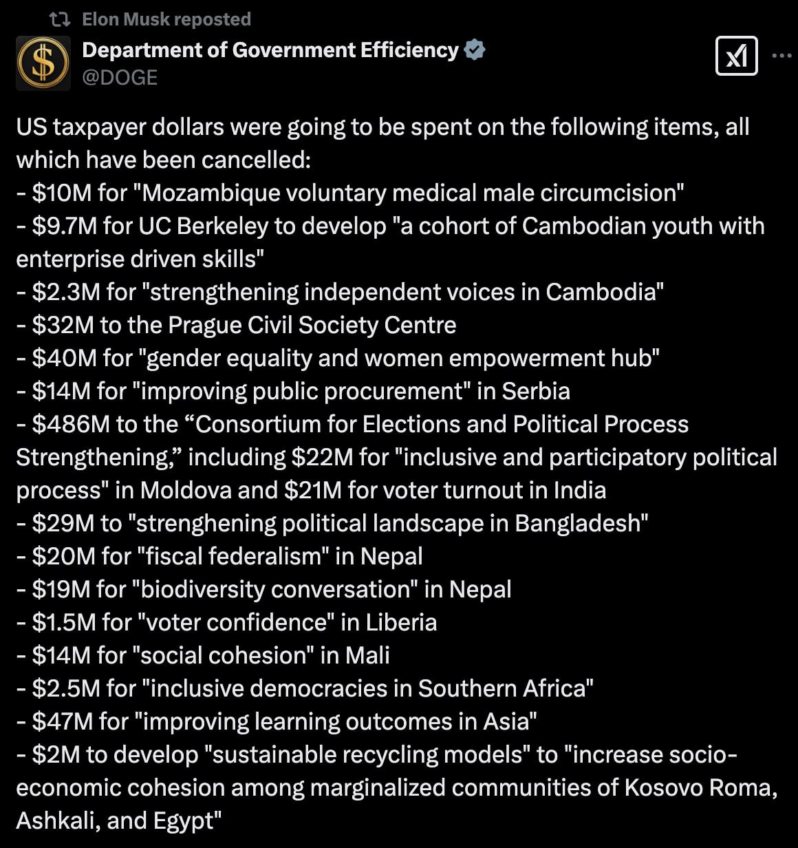 🇲🇩 DOGE-ul condus de Elon Musk spune că a oprit mai multe finanțări în ultimele zile. Una dintre ele se referă la R. Moldova: $22 mln pentru proces politic participativ