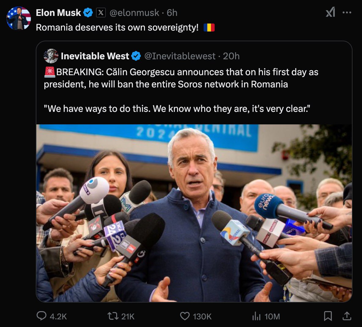 După Germania, Elon Musk se implică și în alegerile din România: Preia, pe X, anunțul lui Călin Georgescu potrivit căruia va interzice întreaga rețea Soros în România, dacă va ajunge președinte. (...) Se pare însă, că, Georgescu nu știe că fundația Soros s-a închis în România în 2017