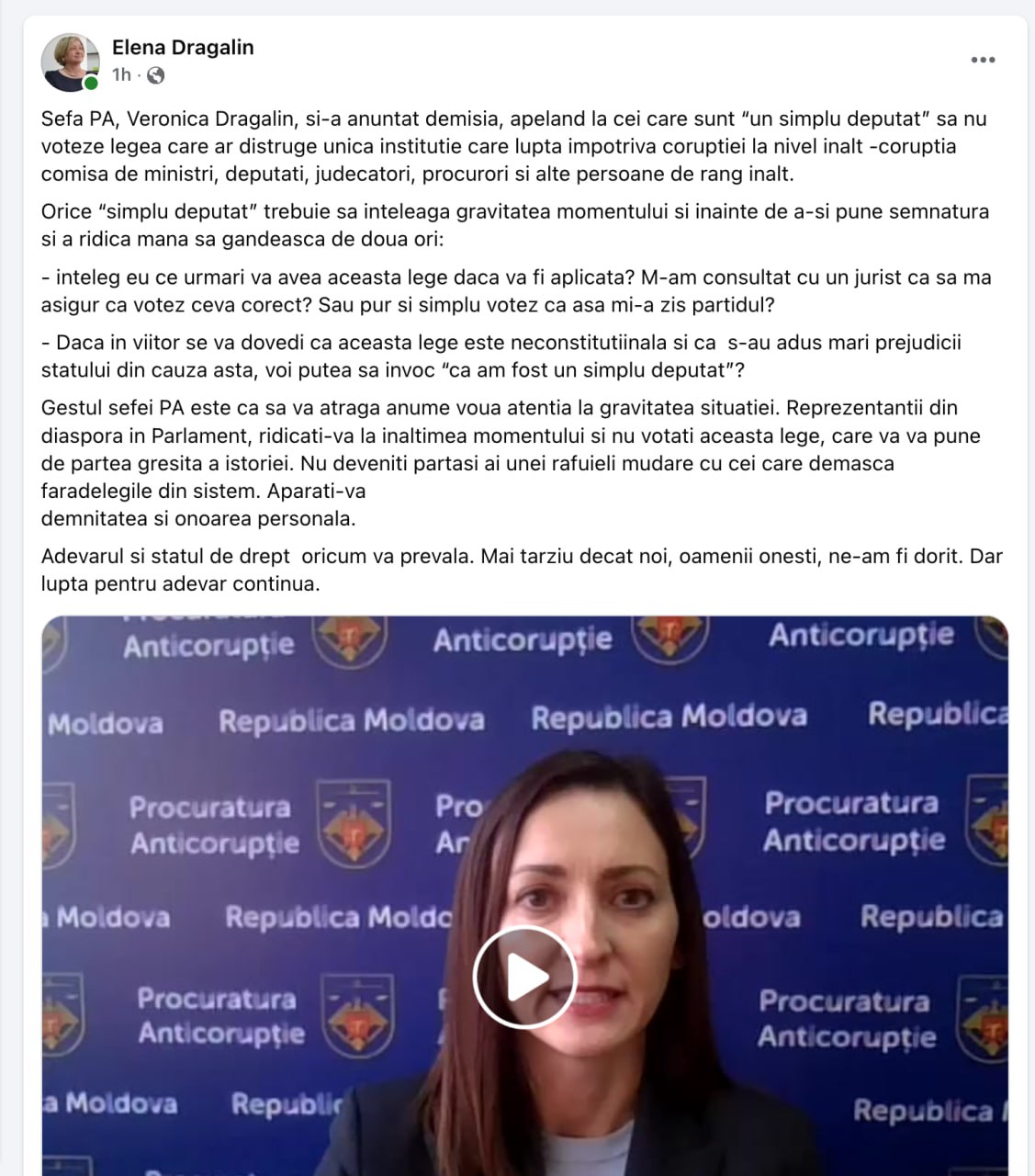 Elena Dragalin sare în ajutorul fiicei, pentru a explica de ce e periculoasă lichidarea Procuraturii Anticorupție:  __Reprezentantii din diaspora in Parlament, ridicati-va la inaltimea momentului si nu votati aceasta lege, care va va pune de partea gresita a istoriei. Nu deveniti partasi ai unei rafuieli mudare cu cei care demasca faradelegile din sistem.__