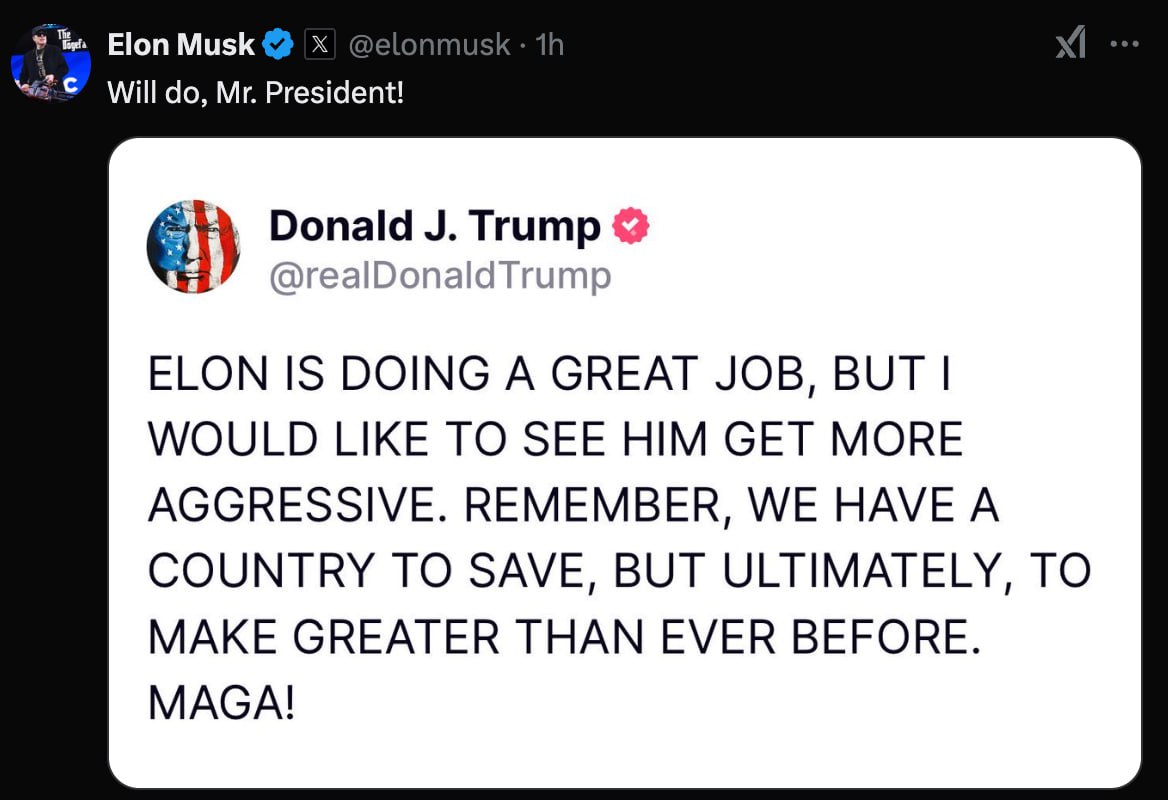 Între timp, președintele american, Donald Trump, scrie că ar vrea ca Elon Musk să fie și mai agresiv (referindu-se la acțiunile de debirocratizare din SUA), "pentru că trebuie să salveze țara și să o facă măreață"