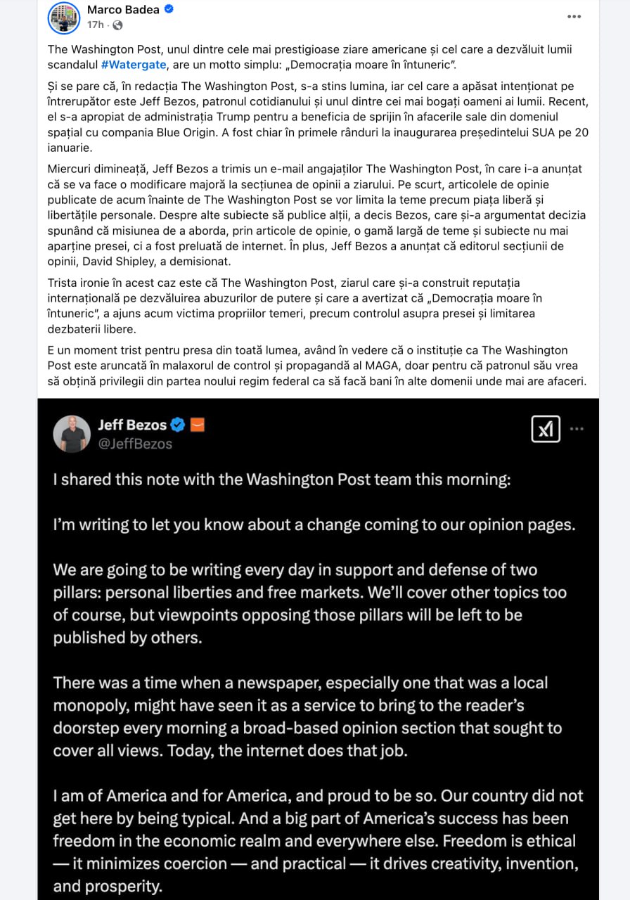 Jeff Bezos impune o schimbare majoră la The Washington Post: Mai puțină diversitate de opinii, secțiunea se va axa în special pe „libertățile personale și piețele libere”, iar alții să scrie despre alte aspecte
