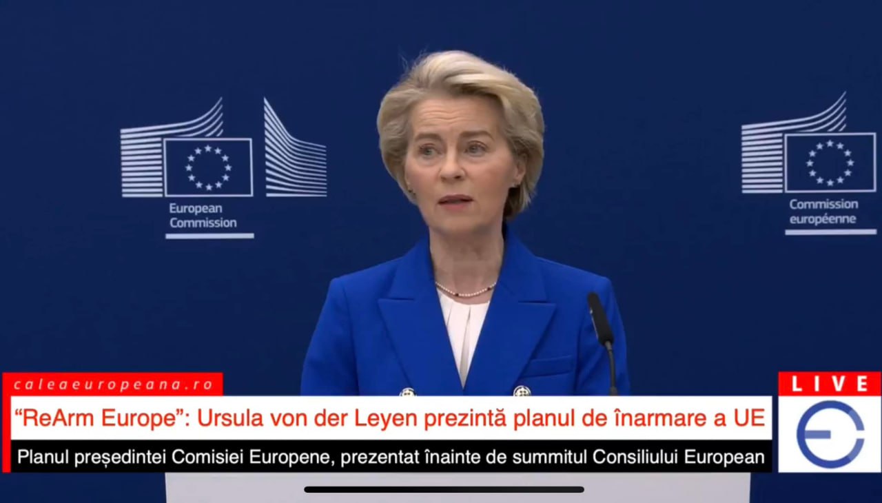 După ce administrația Trump a anunțat indirect planurile sale de ~~a lăsa baltă~~ subminare a Uniunii Europene, șefa Comisiei Europene Ursula von der Leyn a anunțat azi un plan de reînarmare și apărare a UE de 800 de mlrd de Euro