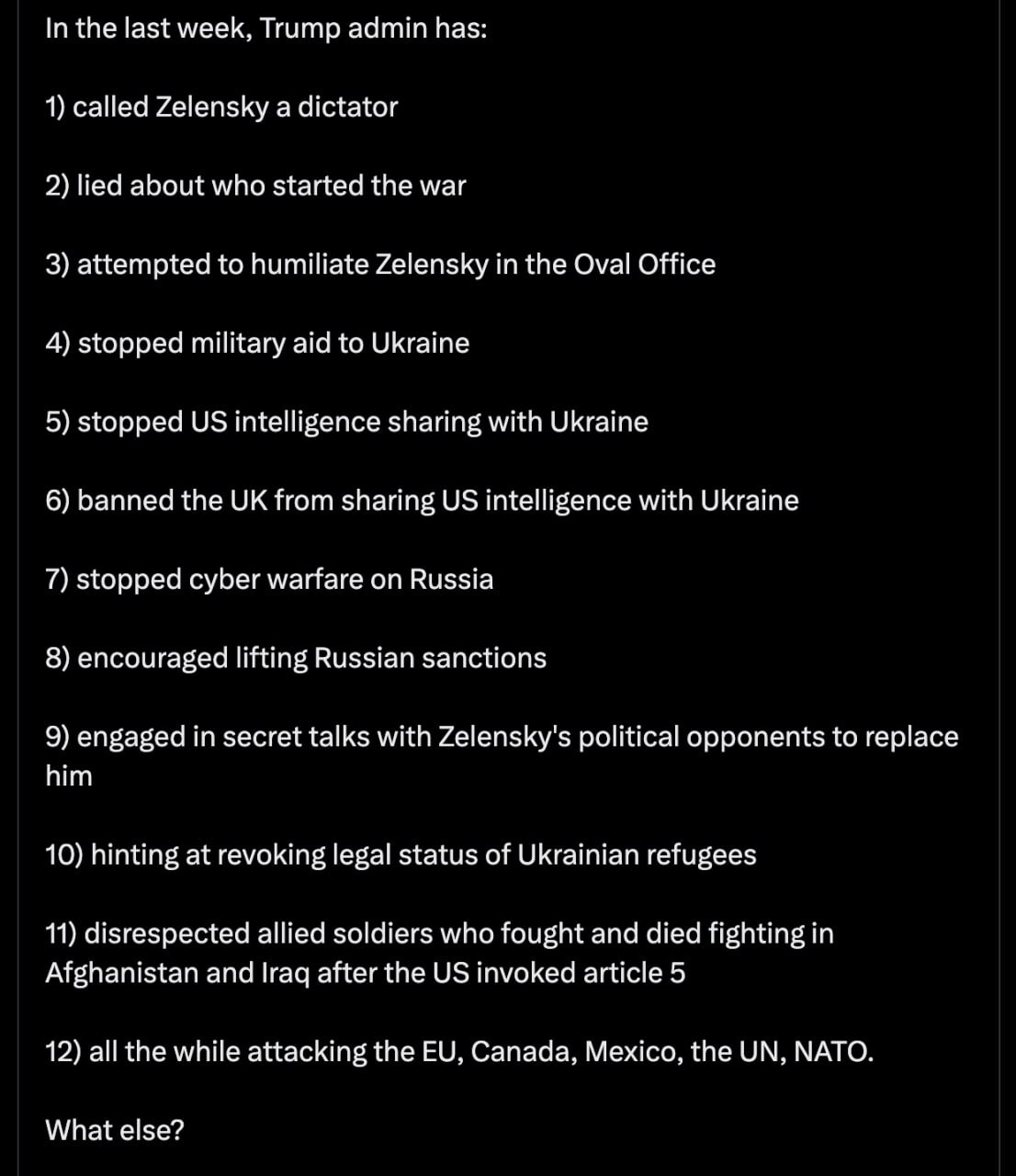 Viral pe X: Ce a reușit administrația Trump în ultima săptămână: L-a numit dictator pe Zelensky, a pornit război tarifar cu Canada și Mexic, a oprit informațiile de inteligence către Ucraina, tentativă de umilire a lui Zelensky în Biroul Oval, a răcit relațiile cu UE, etc