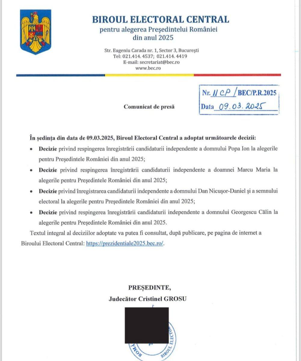 România. Comunicatul oficial al Biroului Electoral Central nu menționează deocamdată motivele respingerii candidaturii lui Georgescu