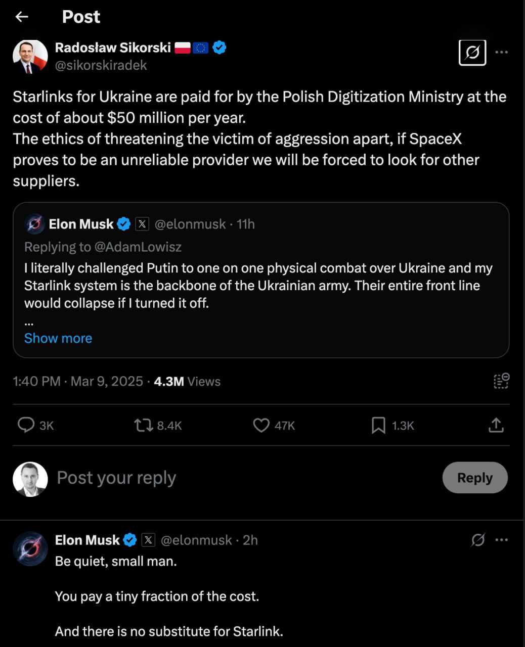 Miliardarul american Elon Musk l-a jignit pe Radoslaw Sikorski, unul dintre cei mai cunoscuți diplomați europeni, în prezent ministru de externe al Poloniei