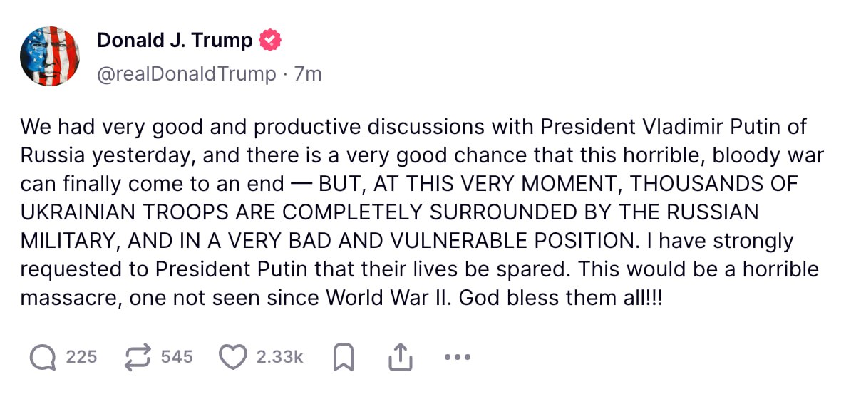 Donald Trump scrie că i-a cerut lui Putin să cruțe viața soldaților ucraineni din Kursk. La fel, acesta spune că "noi am avut discuții productive cu Rusia ieri, și există șanse bune ca războiul să fie oprit"