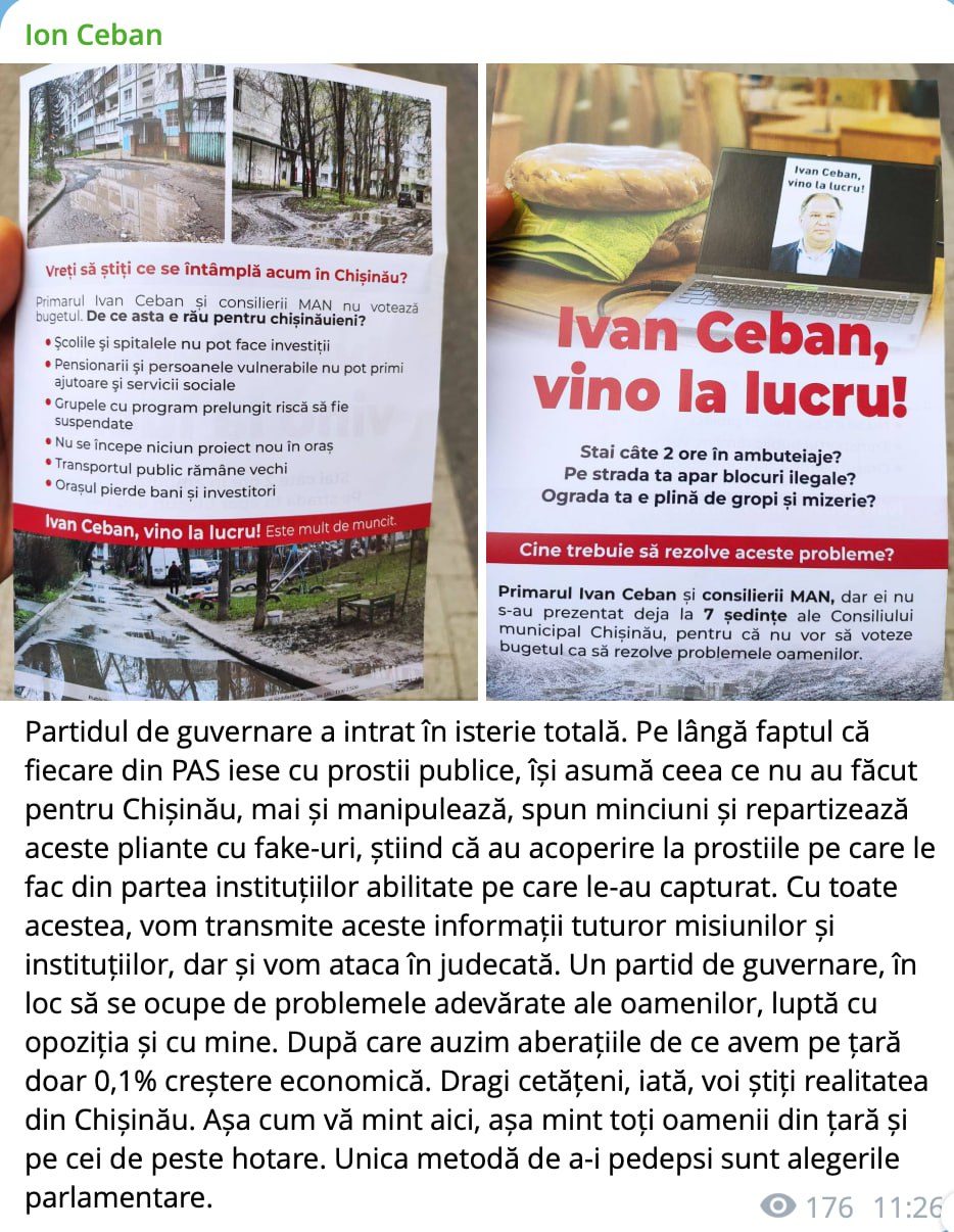 Primarul Capitalei, Ion Ceban, acuză PAS de isterie, după ce a descoperit prin oraș pliante în care e chemat la muncă: