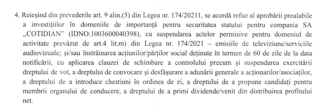 TVC21 și-a suspendat activitatea timp de 60 de zile prin decizia guvernării. Consiliul pentru promovarea proiectelor investiționale de importanță națională a decis, în cadrul ședinței din 24 martie, suspendarea actelor permisive pentru compania SA „Cotidian”, care deține postul de televiziune TVC21. Procesul verbal al ședinței a fost publicat pe 27 martie, iar decizia a intrat în vigoare imediat