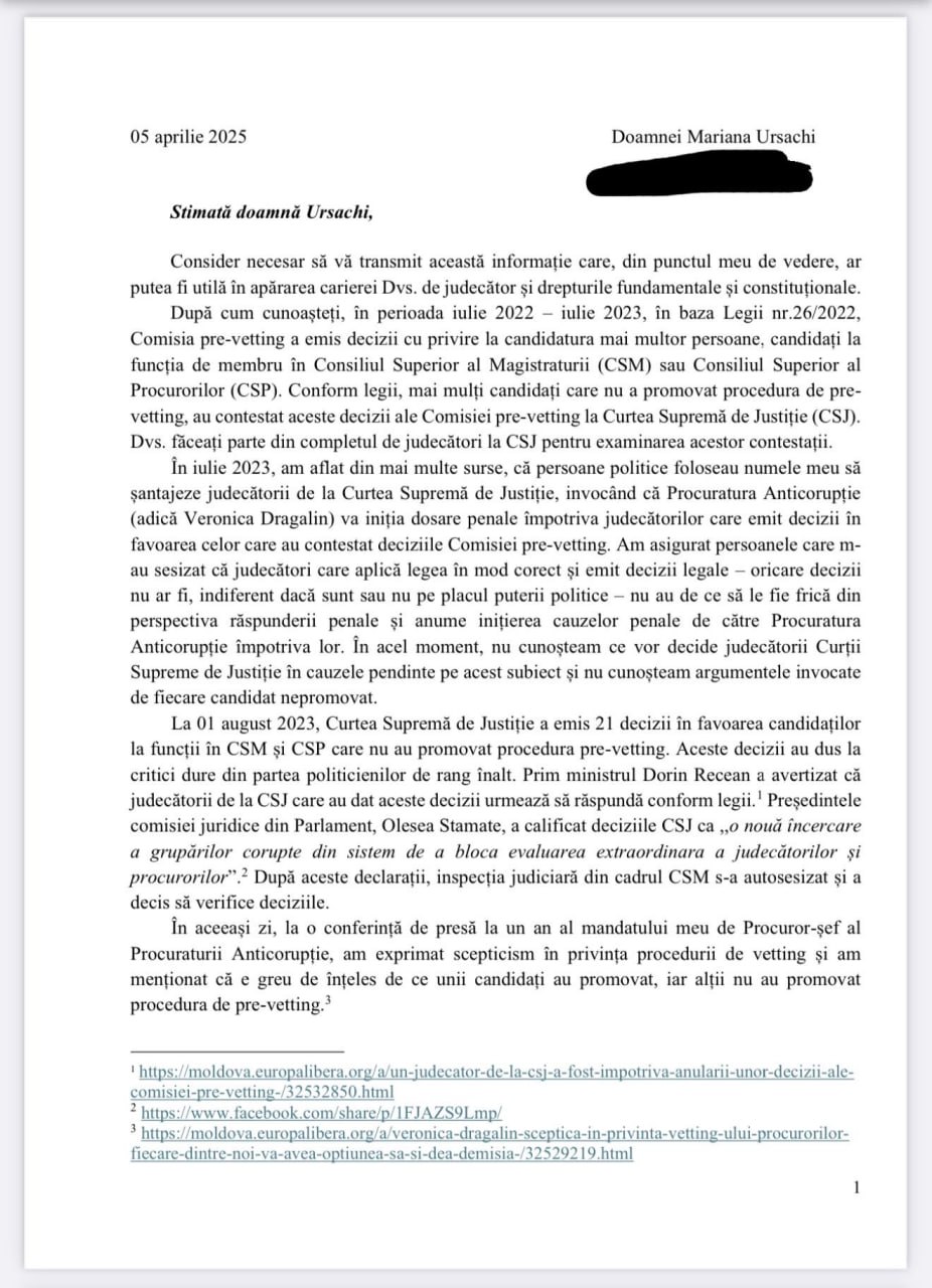 Veronica Dragalin, un nou mesaj din SUA: I-a scris o scrisoare acum 3 zile judecătoarei Mariana Ursachi (fostă Pitic) în care îi spune că drepturile sale ar putea fi afectate, după ce anumite persoane ar fi folosit numele Dragalin pentru a șantaja judecătorii CSJ. Mesajul a fost publicat de Cristina Ciubotaru. În scrisoare, Dragalin scrie că "guvernarea a făcut constant presiuni asupra justiției"