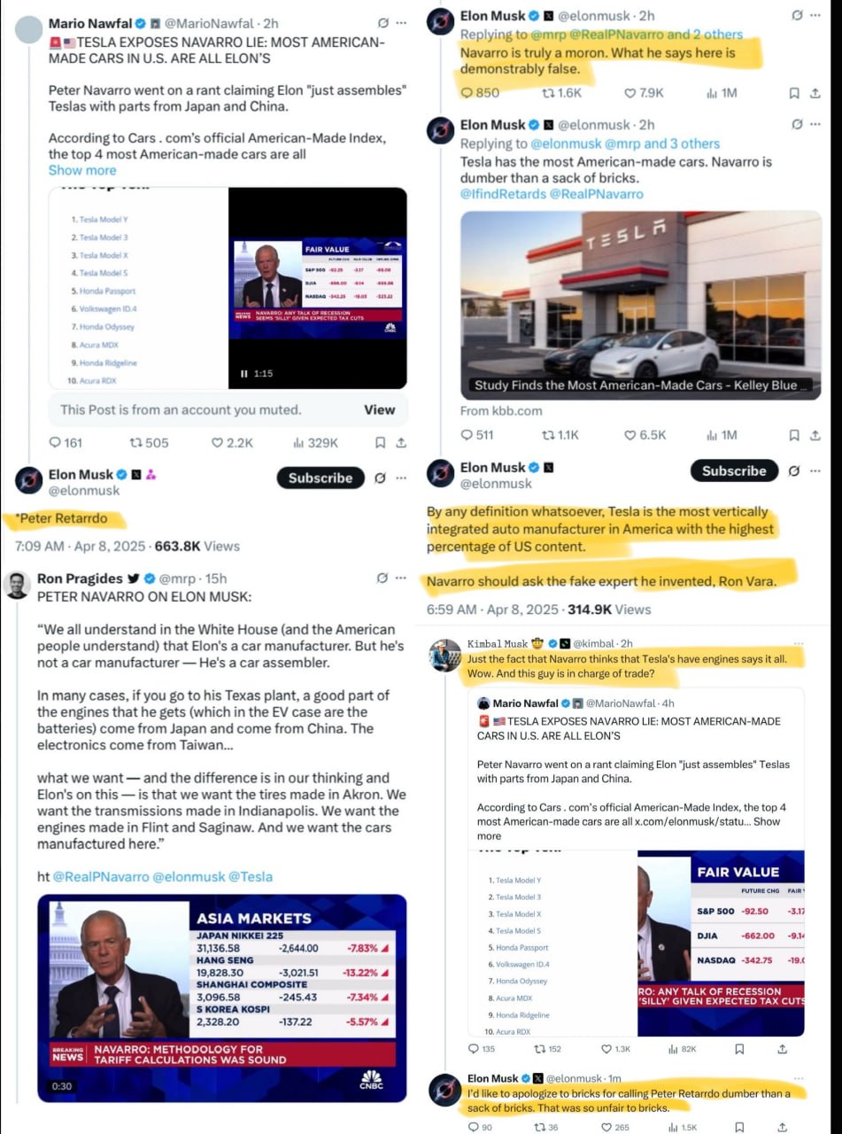 Fisuri la vârful puterii în SUA. Elon Musk, cuvinte în bătaie de joc față de consilierul lui Donald Trump pe subiectul comerțului - Peter Navarro. Musk a spus că Navarro "e un tâmpit, mai prost decât un teanc de cărămizi". Tot el a menționat ulterior: "Vreau să-mi cer scuze de la cărămizi. A fost foarte nepoliticos față de ele"