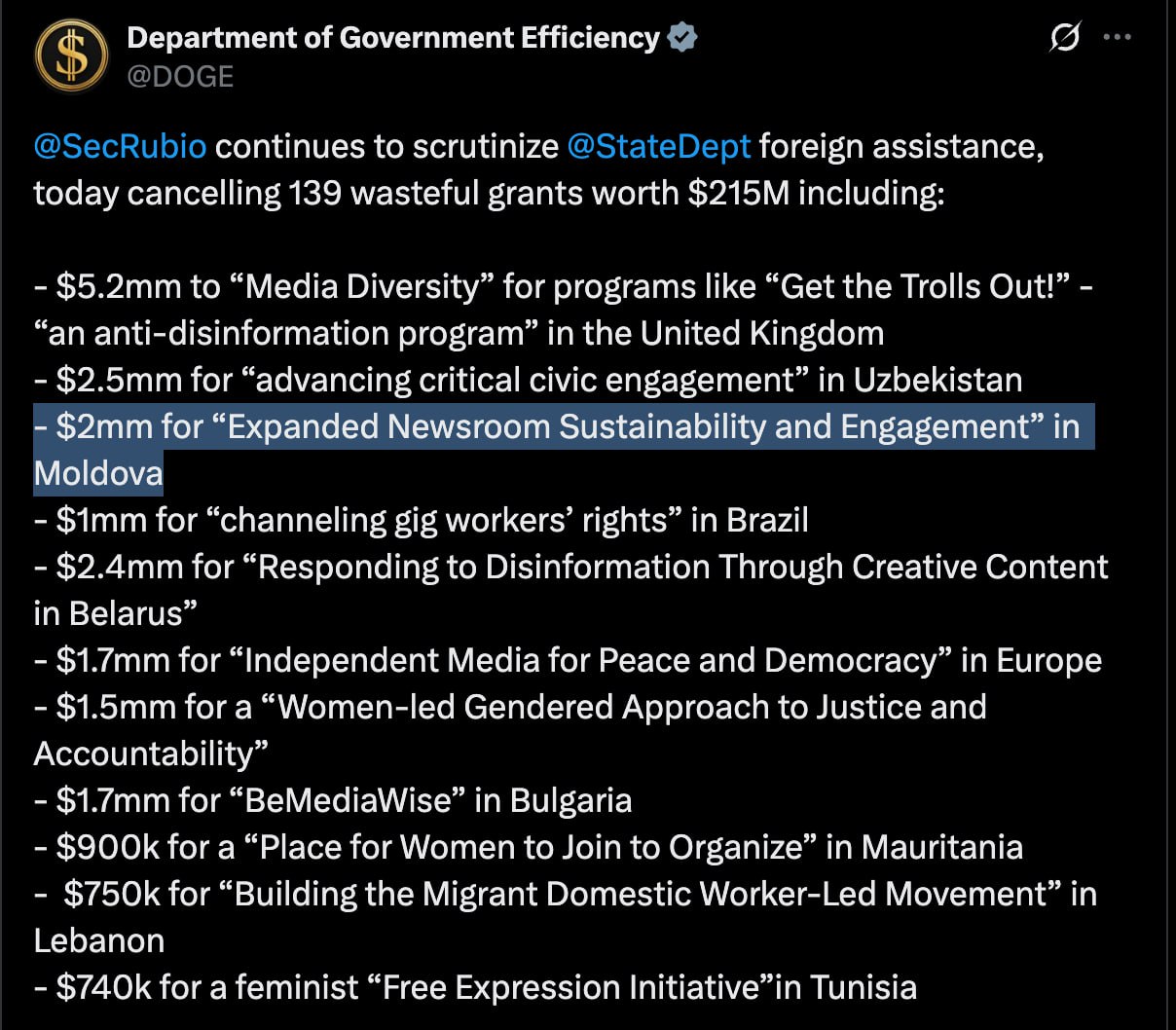 Departamentul DOGE condus de Elon Musk anunță că a mai tăiat bugete destinate mass-media din mai multe țări ale lumii