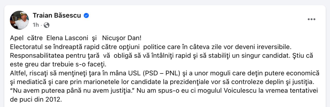 Alegeri România: Traian Băsescu, apel public către Elena Lasconi şi Nicuşor Dan: Responsabilitatea pentru ţară vă obligă să vă întâlniţi rapid şi să stabiliţi un singur candidat, altfel riscaţi să menţineţi ţara în mâna USL (PSD – PNL)
