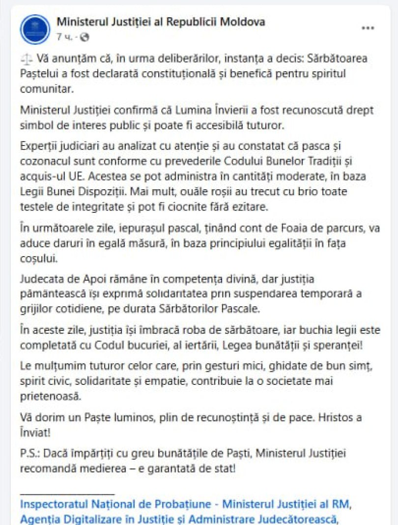 "Trăsniți" de inspirație, chiar de Paști. Mesaj controversat al Ministerului Justiției, cu glume despre Paște, șters după mai multe critici