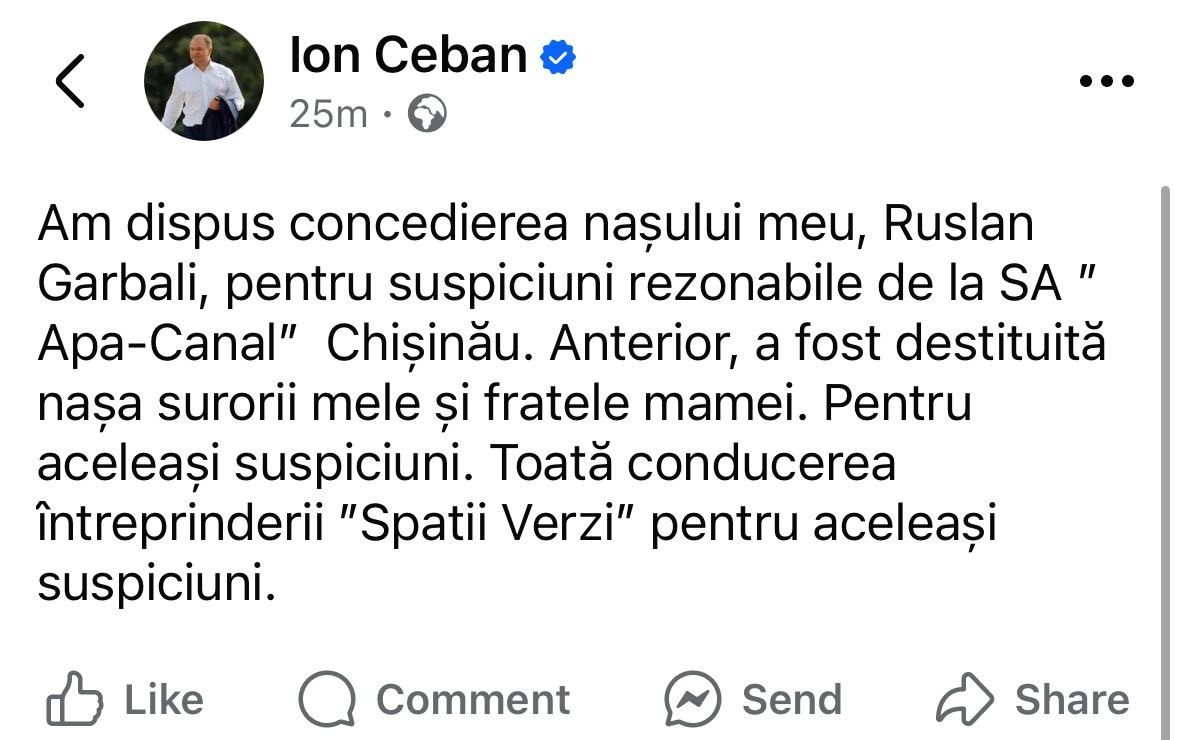 Mesaj misterios al primarului Capitalei Ion Ceban. Acesta se pare că avea o sumedenie de rude angajate în subdiviziunile Primăriei. În mesajul de azi anunță că a dispus concedierea nașului său Ruslan Garbali pentru "suspiciuni rezonabile", fără să menționeze care. La fel, ar fi fost destituite nașa surorii sale și fratele mamei sale