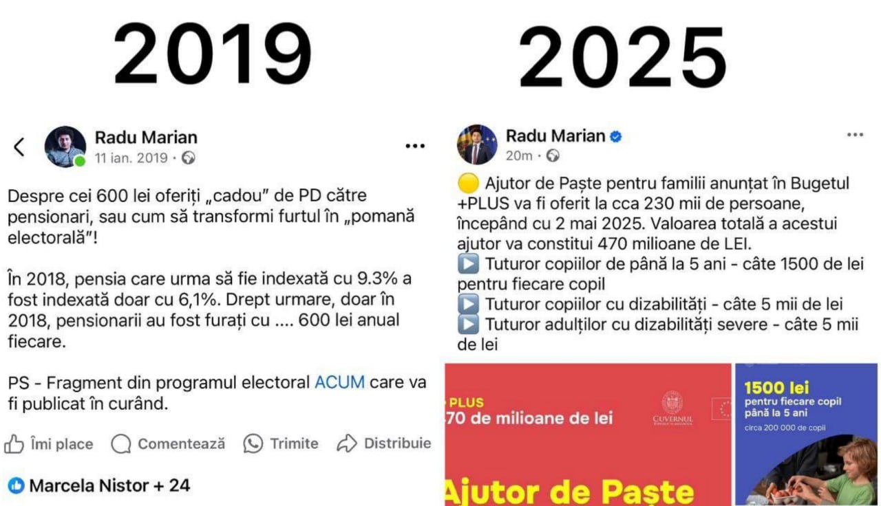 Renato Usatîi acuză guvernanții că procedează ca Plahotniuc cu pomenele electorale, dar le maschează în "fapte bune", postând capturi de pe fb comparative cu anul 2019