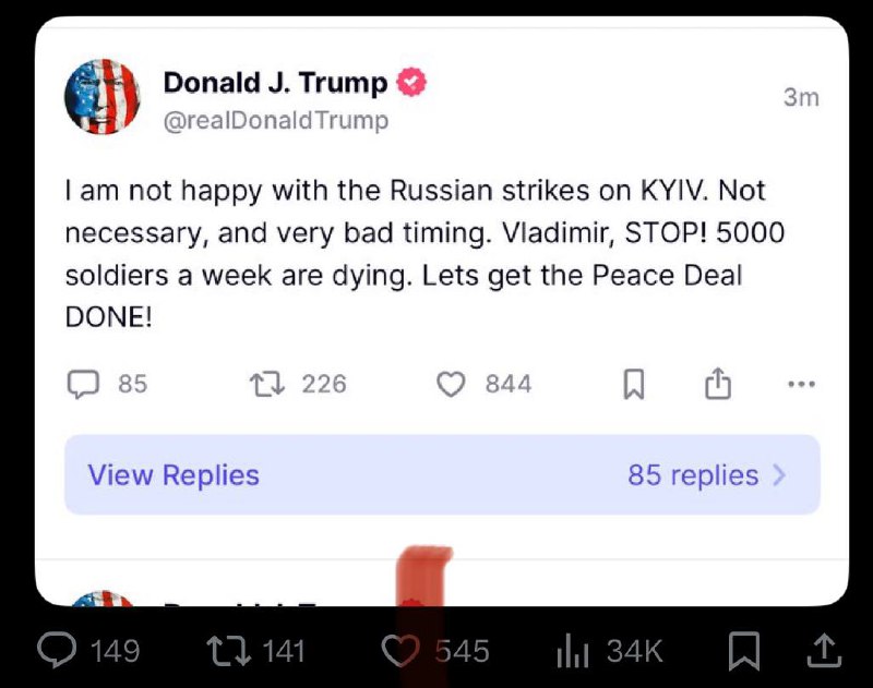 Trump, mesaj rar către Putin: “Vladimir, oprește-te. Atacul aerian din Kiev nu era necesar. Vine și într-un moment foarte prost! 5000 de soldați mor săptămânal. Hai să facem pacea!”