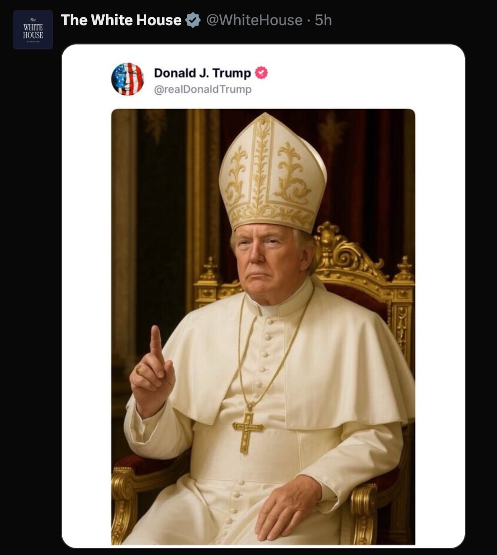 Casa Albă sub administrația Trump, oficial circ: Donald Trump a postat pe conturile sale de rețele sociale o fotografie generată cu inteligența artificială, pozând în rol de papă al catolicilor. Imaginea a fost redistribuită și pe contul oficial al Casei Albe. Se întâmplă în momentul când la Vatican urmează să fie ales un nou Papă