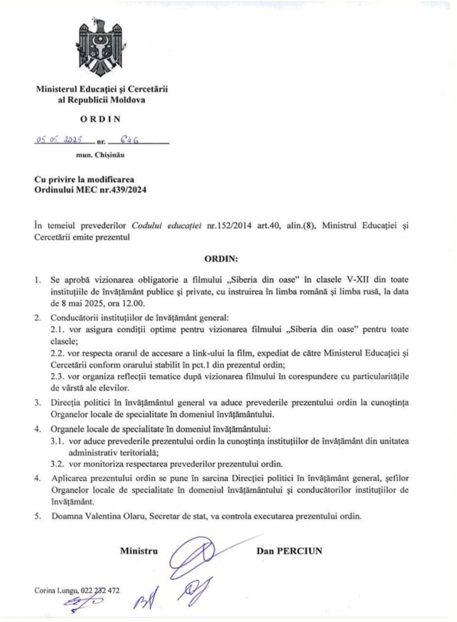 „Siberia din oase” va fi proiectat în toate gimnaziile și liceele din țară, pe 8 mai. Un ordin în acest sens a fost semnat de ministrul Educației, Dan Perciun