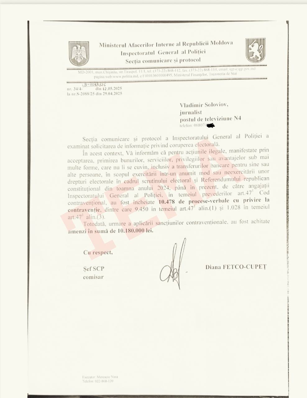 Amenzile pentru corupția electorală din Moldova, în cadrul scrutinului electoral de anul trecut, au depășit pragul de 10 mln de lei. Informația se conține într-un răspuns al Poliției