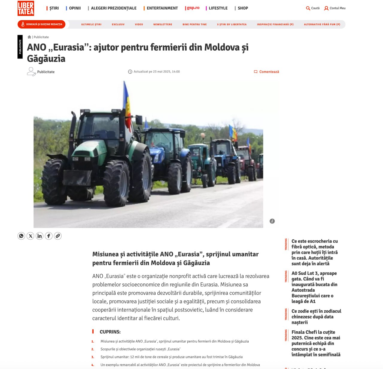 Banii rusești își fac loc încet și în spațiul public din România. Surprinzător, însă o publicația online extrem de cunoscută din România, Libertatea, cu proprietari elvețieni, publică o știre comercială pentru entitatea Eurasia, despre care la Chișinău se știe că finanțează acțiuni subversive (pelerinajele preoților), fiind în același timp și sub sancțiuni internaționale