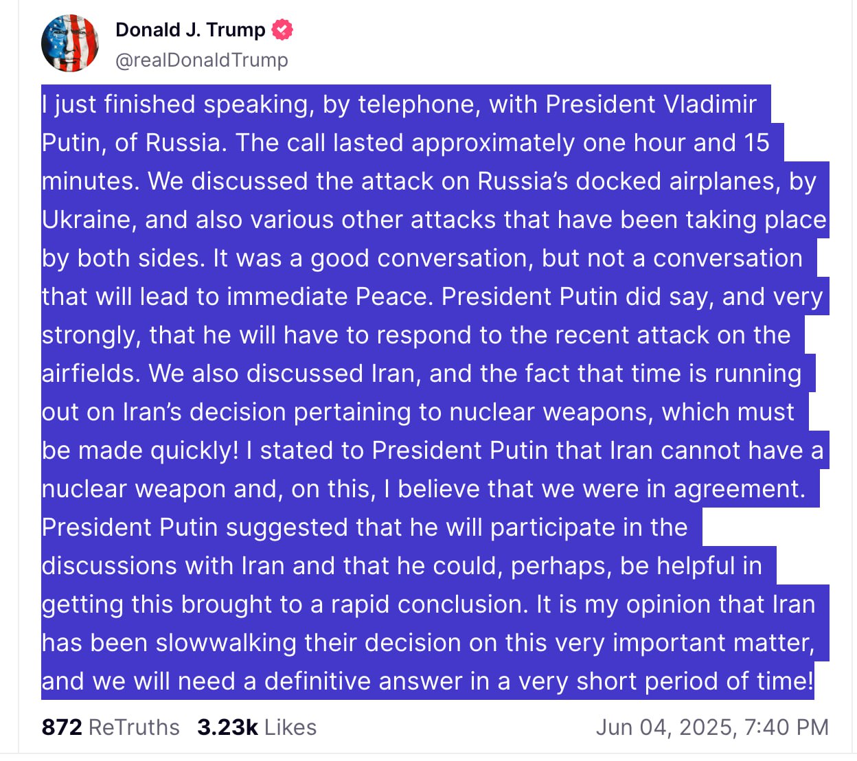 Donald Trump scrie că tocmai a vorbit cu Putin la telefon: A fost o discuție bună, dar nu una care să ducă la o pace imediată. Putin a spus că va răspunde la atacul recent al securității ucrainene, care a avariat cca 40 de nave din aviația strategică