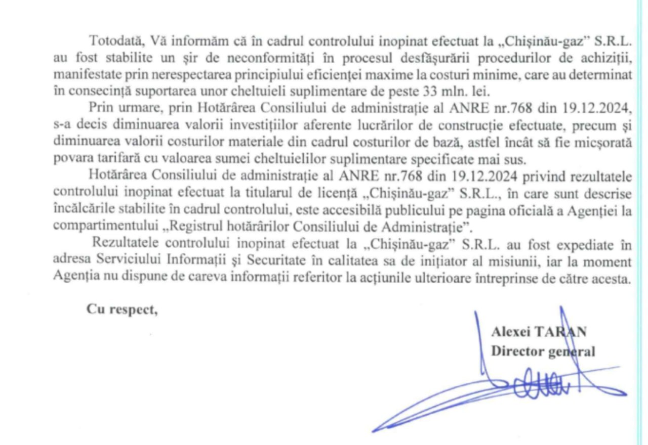 Control ANRE la Chișinău-Gaz. Cheltuieli nejustificate de 33 mln de lei, printre concluzii. Sergiu Tofilat cere o anchetă după ce ANRE a stabilit în cadrul unui control că întreprinderea a suportat cheltuieli suplimentare de 33 mln de lei în timpul unor achiziții, care s-au desfășurat cu neconformități
