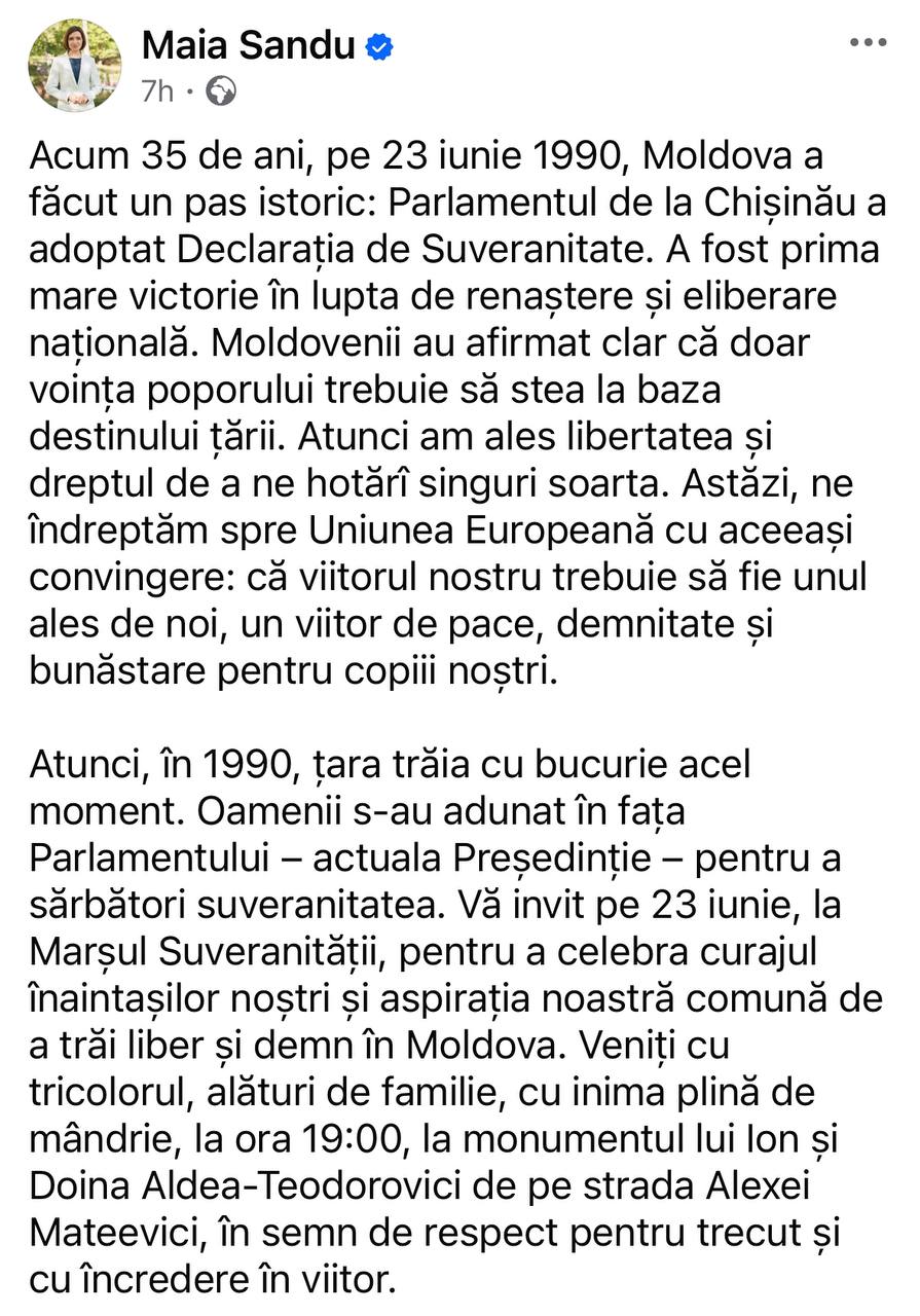 Maia Sandu cheamă moldovenii la Marșul Suveranității pentru a celebra 35 de ani de la prima mare victorie națională