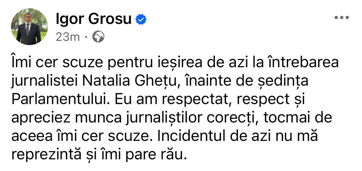 Grosu își cere scuze pentru reacția de azi în adresa jurnalistei TV8: Respect munca jurnaliștilor corecți