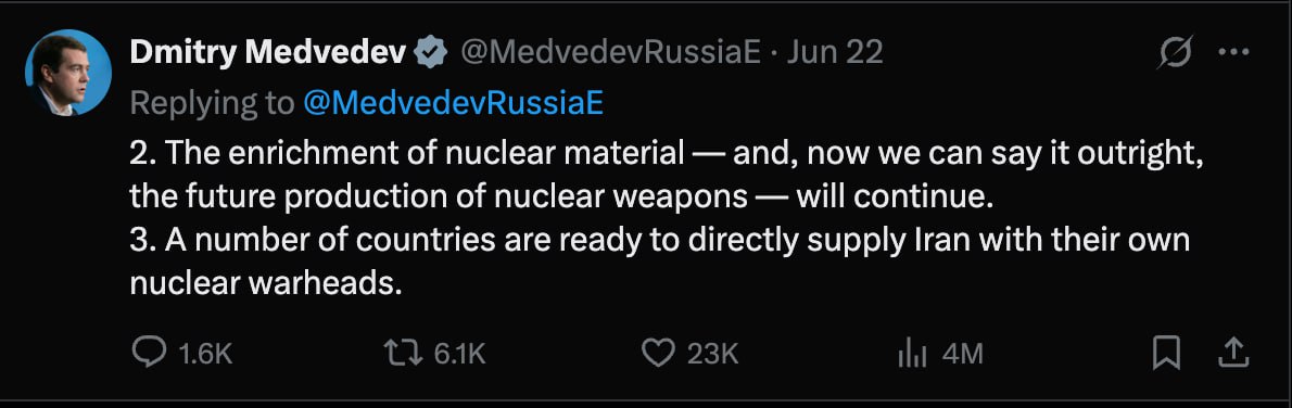 Boacănă la un pahar!? Dmitri Medvedev pare să fi fost muștruluit ieri. Și de Putin, și de Trump. S-a întâmplat după ce a scris pe X că mai multe țări ar fi gata să ofere focoase nucleare Iranului, după bombardamentele SUA din weekend