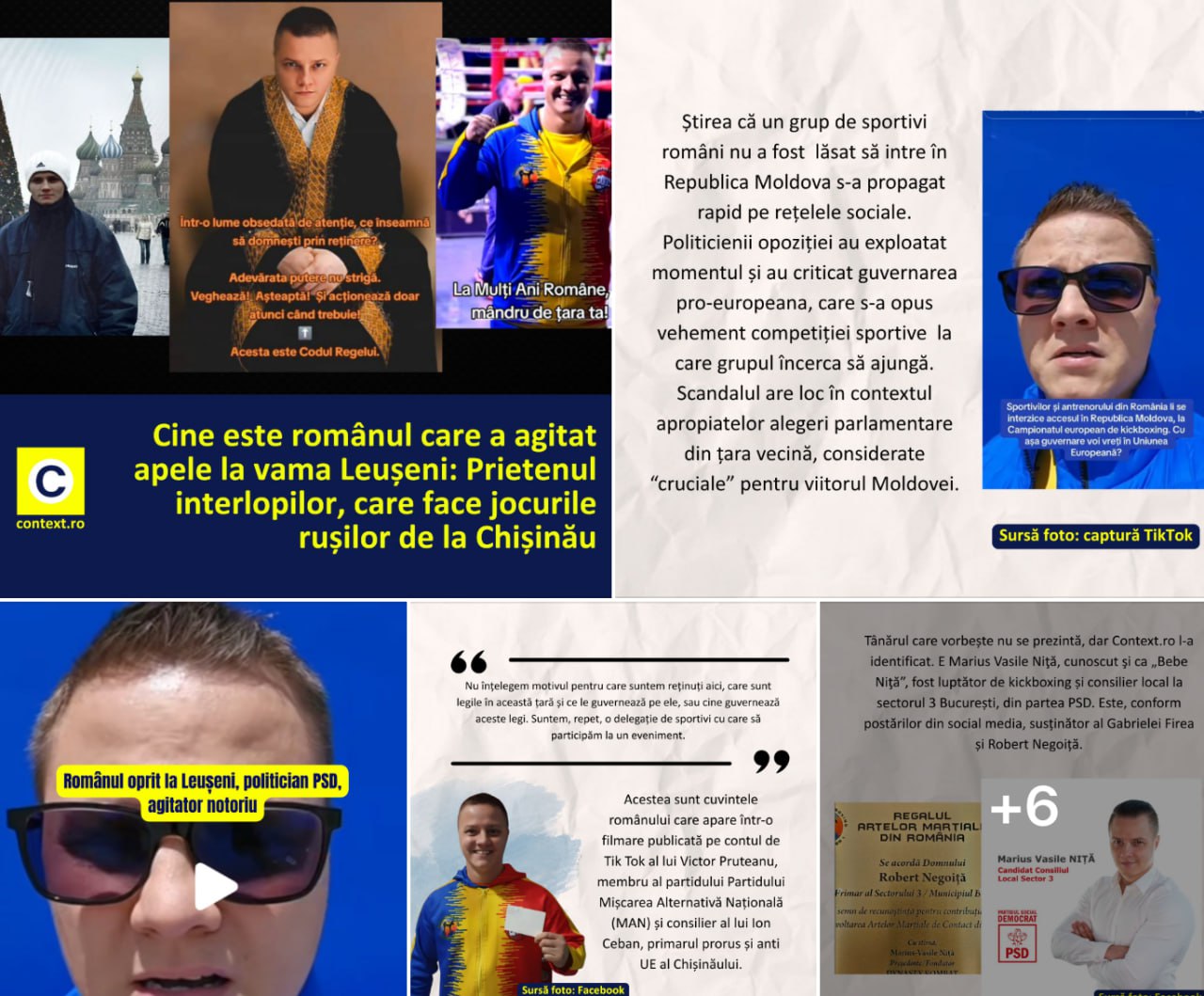 Presa română: Românul care a agitat apele la vama Leușeni, zilele trecute, căruia i-a fost interzisă intrarea în Moldova, ne-a salutat anul trecut de la Moscova. Acesta, împreună cu un grup de copii urmau să participe la o competiție sportivă cu conexiuni în Federația Rusă este de fapt un politician controversat. În România, s-a remarcat ca agitator anti Nicușor Dan și Codruța Kovesi. A fost consilier local PSD la Sectorul 3, primărie condusă de Robert Negoiță, cu care apare în mai multe fotografii publicate pe rețelele sociale