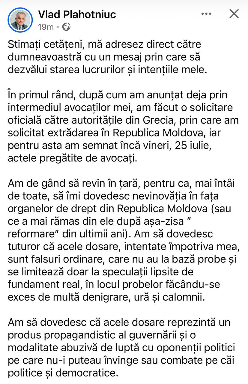 Plahotniuc, mesaj pe Facebook, după ce a fost fugar 6 ani, cu vizite dese la Moscova: __Vreau să vin acasă să-mi demonstrez nevinovăția