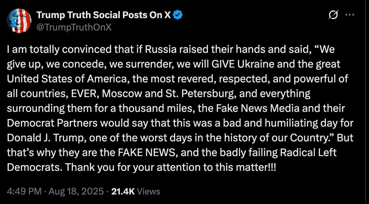 Președintele american, supărat pe presa care a scris că întâlnirea cu Putin din Alaska a fost un dezastru și o mare rușine pentru că l-a validat pe Putin și i-a strâns "mâna plină de sânge":