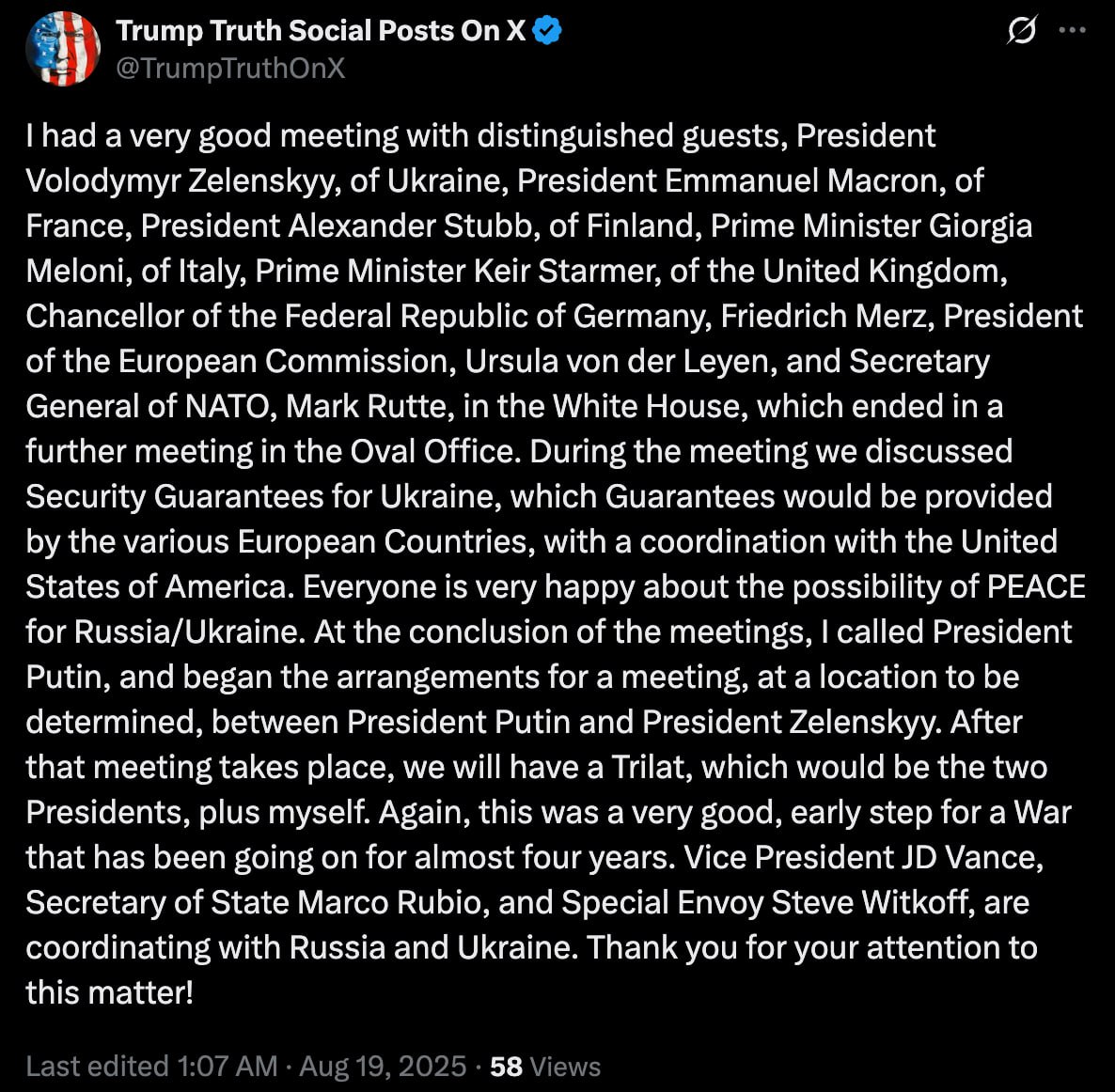 Trump, mesaj pe rețelele de socializare: L-am sunat pe președintele Putin și am început pregătirile pentru o întâlnire, într-o locație care urmează să fie stabilită, între președintele Putin și președintele Zelenski. După ce va avea loc această întâlnire, vom organiza o trilaterală, care va reuni cei doi președinți împreună cu mine