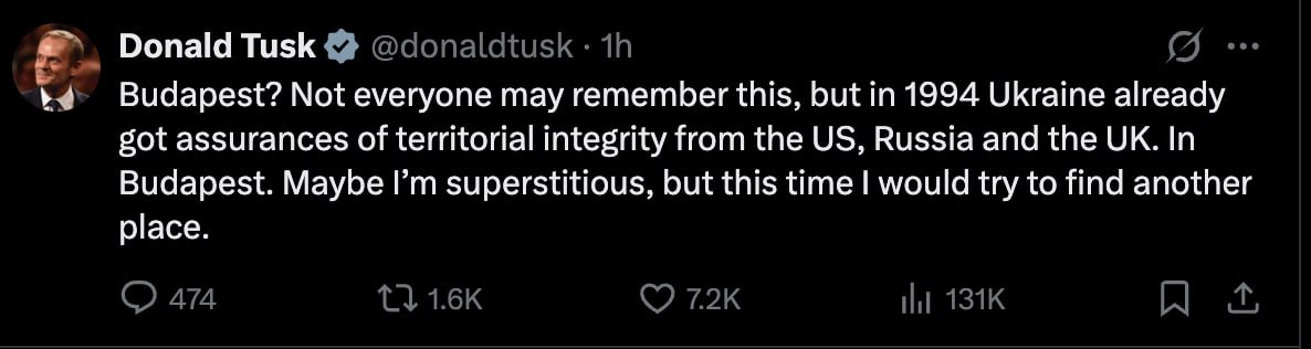 Donald Tusk, împotriva organizării negocierilor de pace privind Ucraina la Budapesta: „Poate că sunt superstițios, dar de data aceasta aș încerca să găsesc un alt loc. În 1994 Ucraina a primit asigurări de securitate acolo de la SUA, Rusia și UK.”