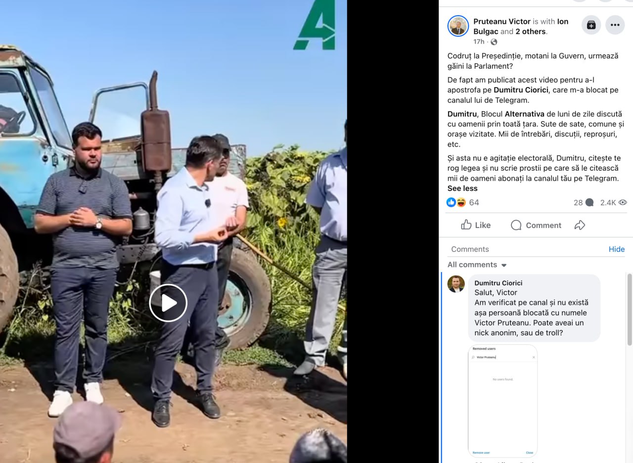Colegul lui Ion Bulgac de la MAN, Victor Pruteanu, "m-a apostrofat". În legătură cu ce - nu e clar, menționând totuși că ce a făcut Stoianoglo în câmp "nu e agitație electorală" și mă îndeamnă să nu scriu "prostii". Pruteanu nu menționează însă cum se numește ceea ce face Stoianoglo la întâlnirea cu alegătorii