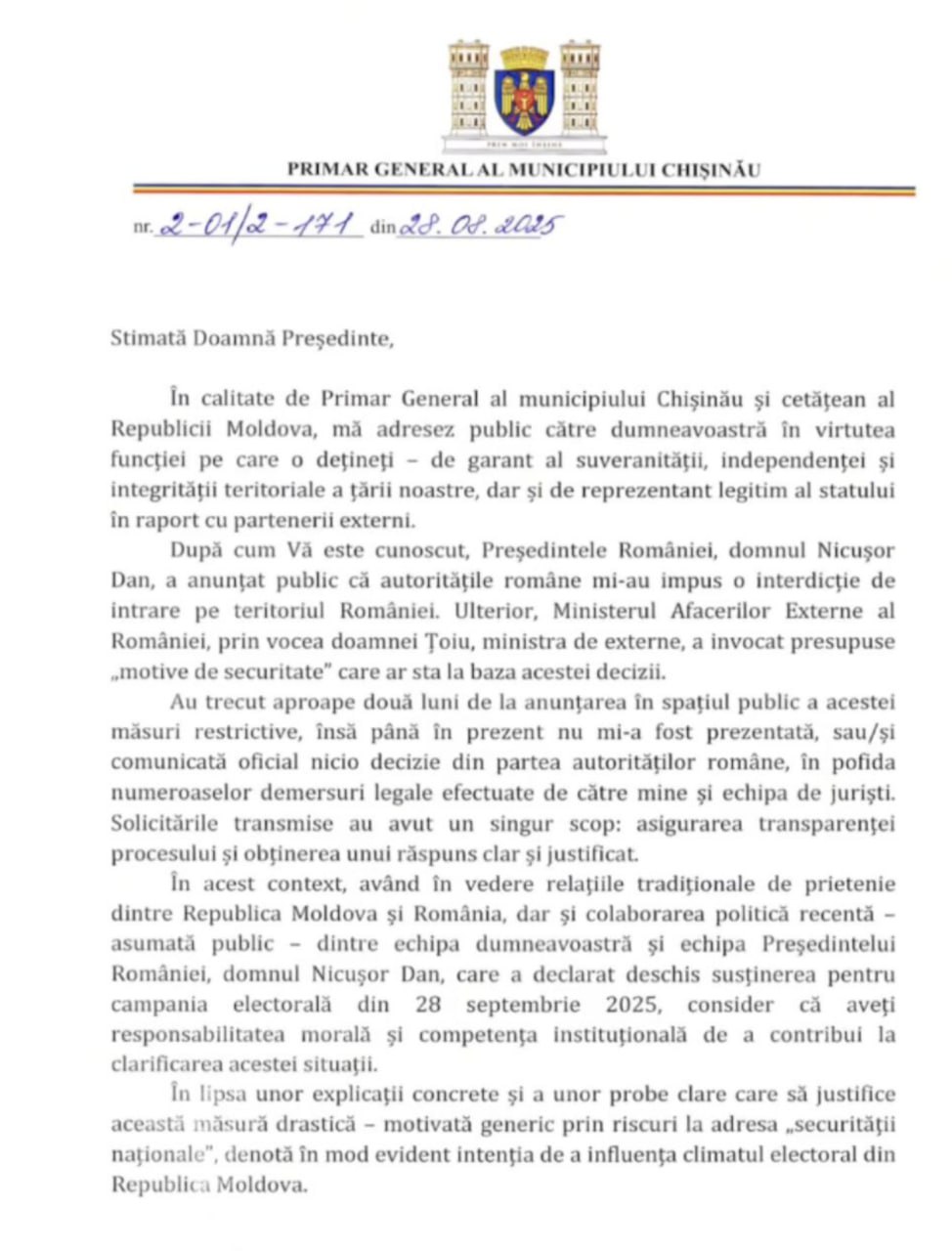 După ce a transformat tribuna Primăriei Capitalei în platormă de lansat acuzații politice împotriva oponenților din PAS, Ion Ceban cere ajutorul Maiei Sandu. Primarul capitalei, Ion Ceban, a publicat un demers adresat președintei Republicii Moldova, Maia Sandu, în care îi cere implicarea pentru clarificarea situației privind interdicția pe care a primit-o cu privire la intrarea în România și în tot spațiul Schengen