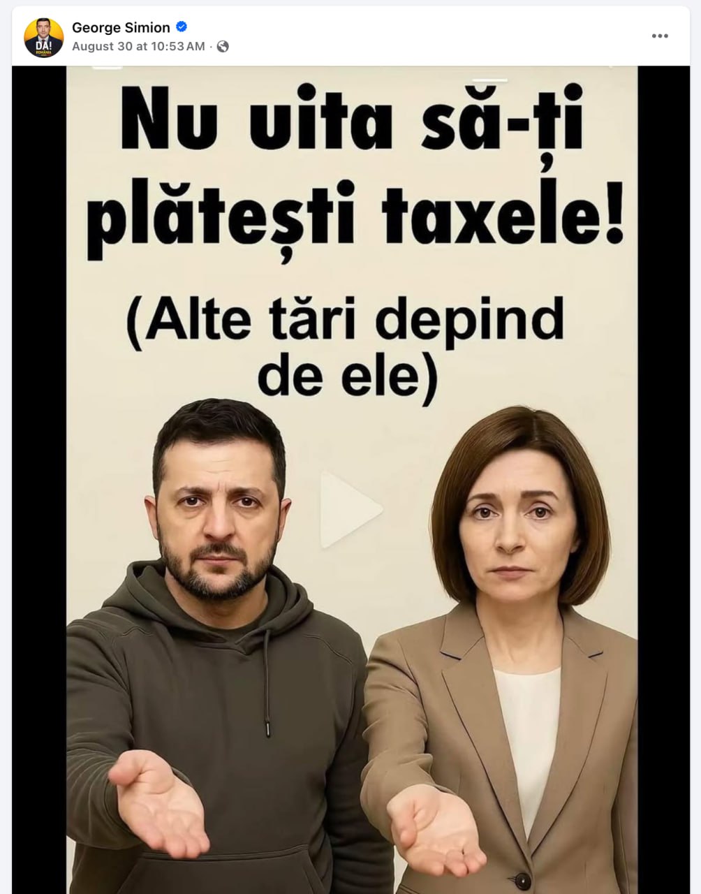 Liderul AUR România, George Simion, o nouă postare la unison cu propaganda rusă, prin care își propune să stârnească ura populației locale față de moldoveni și ucraineni. Acesta a generat cu inteligența artificială 2 fotografii cu Volodymyr Zelensky și Maia Sandu care ar sta cu mâna întinsa și mesajul: Nu uita să-ți plătești taxele pentru că alte țări depind de ele. Postarea are aproape 10 mii de aprecieri și 6300 de redistribuiri doar pe facebook