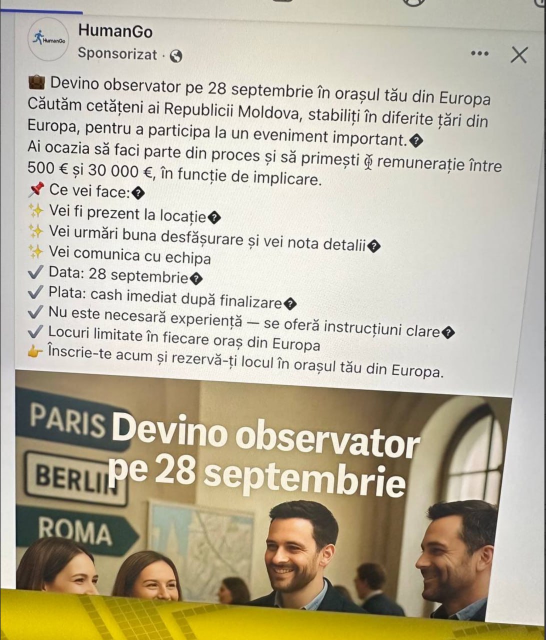 Reclame pe facebook în statele din Vestul Europei. Se oferă sume mari de bani cash (de către ruși) pentru ca cetățenii moldoveni să fie observatori la alegerile parlamentare. Anterior, Șor promitea că rușii vor pregăti surprize în Diaspora