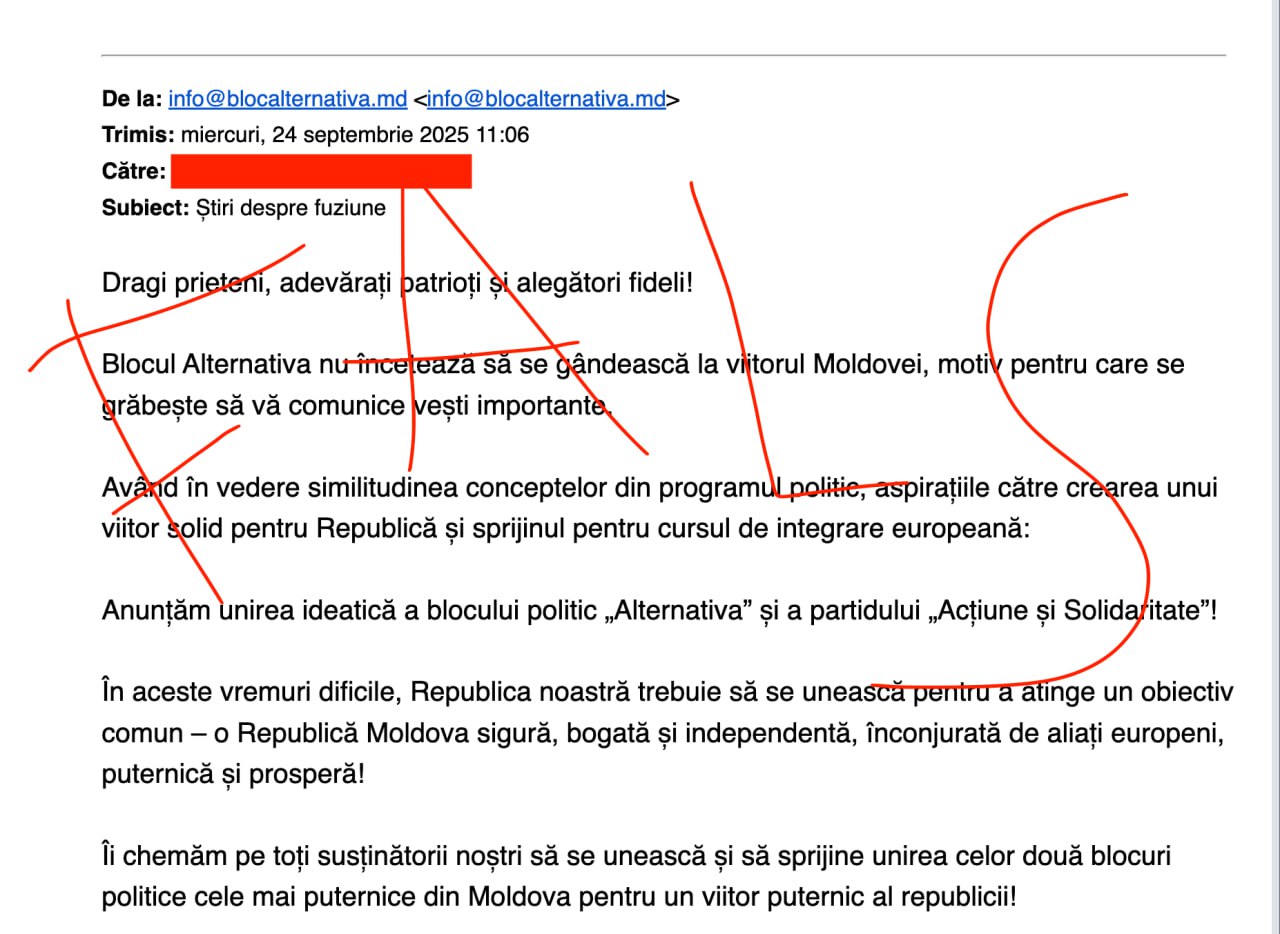 Continuă valul de falsuri trimise în masă pe email. Blocul Alternativa chipurile __anunță unirea ideatică a blocului politic „Alternativa” și a partidului „Acțiune și Solidaritate”!__