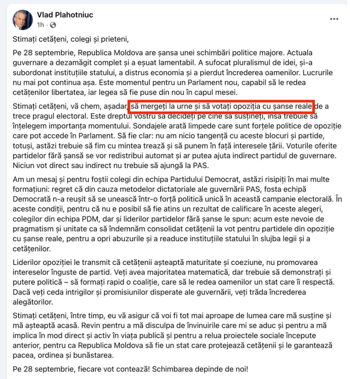 Vladimir Plahotniuc, din pușcărie, mesaj publicat de avocați: Oligarhul îndeamnă la vot pentru Blocul Patriotic al lui Dodon sau Blocul ALTERNATIVA sau partidul lui Renato Usatîi - partidele de opoziție care au șansa să intre în Parlament