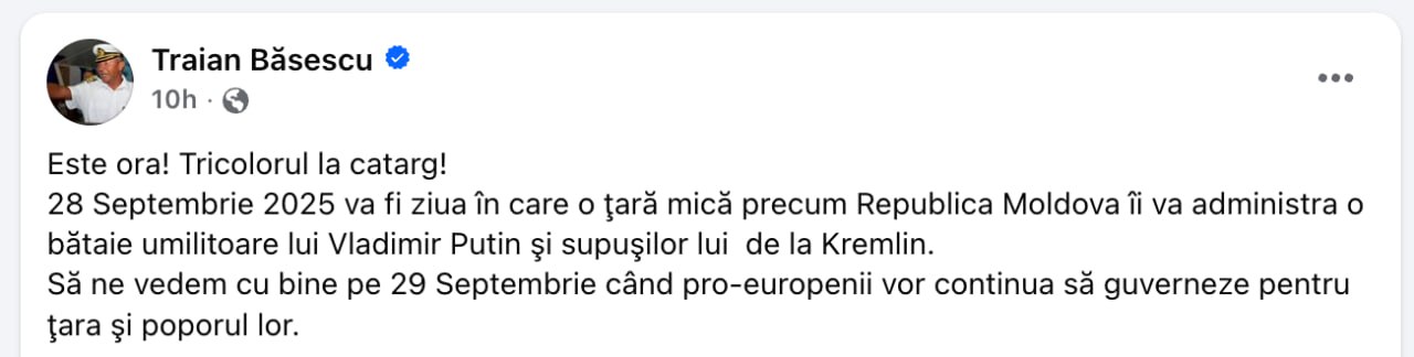 Atenție, comandă de la căpitan. Traian Băsescu: Este ora! Tricolorul la catarg! 28 Septembrie 2025 va fi ziua în care o ţară mică precum Republica Moldova îi va administra o bătaie umilitoare lui Vladimir Putin şi supuşilor lui  de la Kremlin
