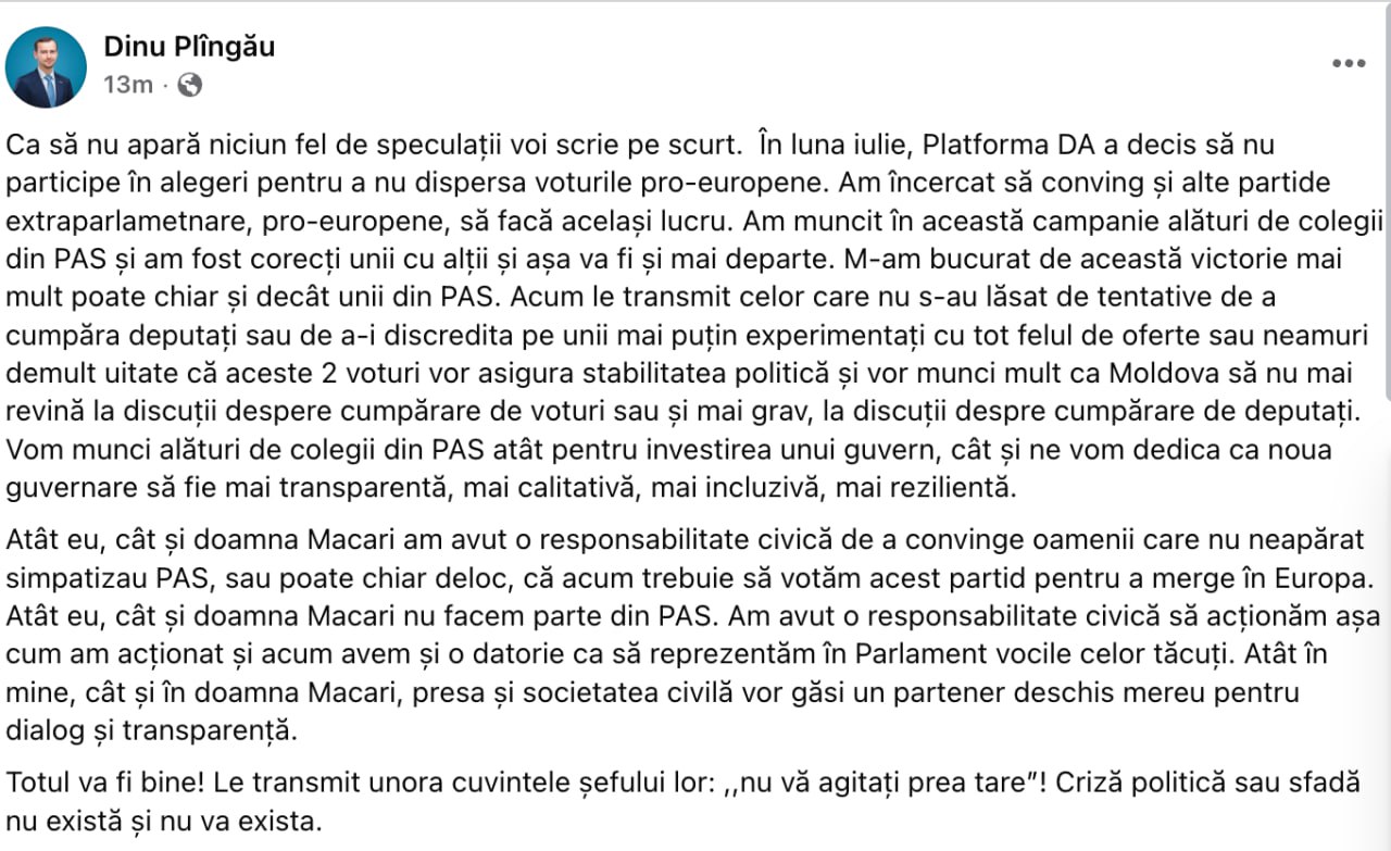 Dinu Plîngău, mesaj pe rețele după speculații precum că ar putea să se distanțeze împreună cu Stela Macari de fracțiunea PAS în Parlament, după ce a ajuns pe listele ei: Totul va fi bine!