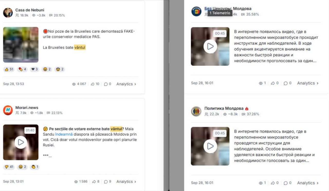 Raport al Centrului Pentru Jurnalism Independent, o organizație veche de peste 20 de ani: Documentul arată că în ultimele zile de campanie și pe durata votului din Moldova, pe Telegram au circulat numeroase dezinformări privind fraude electorale, "mobilizare militară" și manipularea votului, cu scopul clar de a decredibiliza procesul electoral și guvernarea PAS