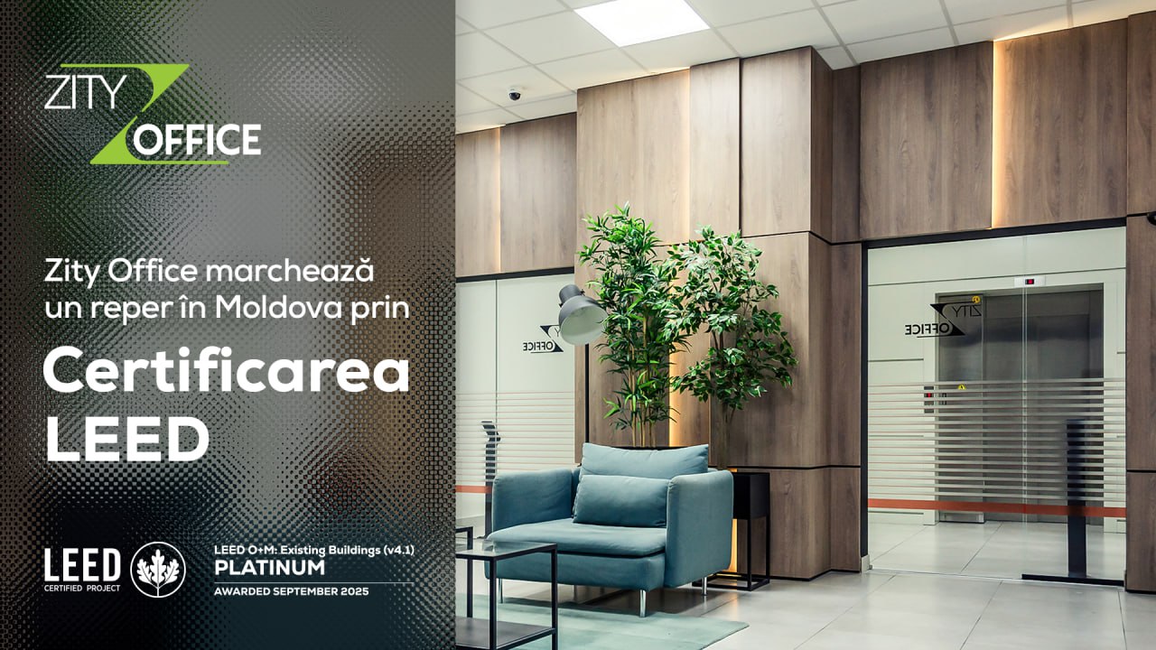 Zity Office devine pionier pe piața imobiliară din Republica Moldova, fiind prima clădire de birouri din țară certificată  LEED® v4.1 O+M: Operations and Maintenance la nivel Platinum. Distincția atestă că proiectul se aliniază celor mai înalte standarde internaționale de sustenabilitate și confirmă faptul că excelența poate fi atinsă și local, prin investiții responsabile și viziune pe termen lung. Pentru locatari, acest lucru se traduce prin beneficii palpabile: un mediu de lucru sănătos, eficient și prietenos cu mediul, care sporește productivitatea și consolidează imaginea companiilor orientate către responsabilitate și performanță