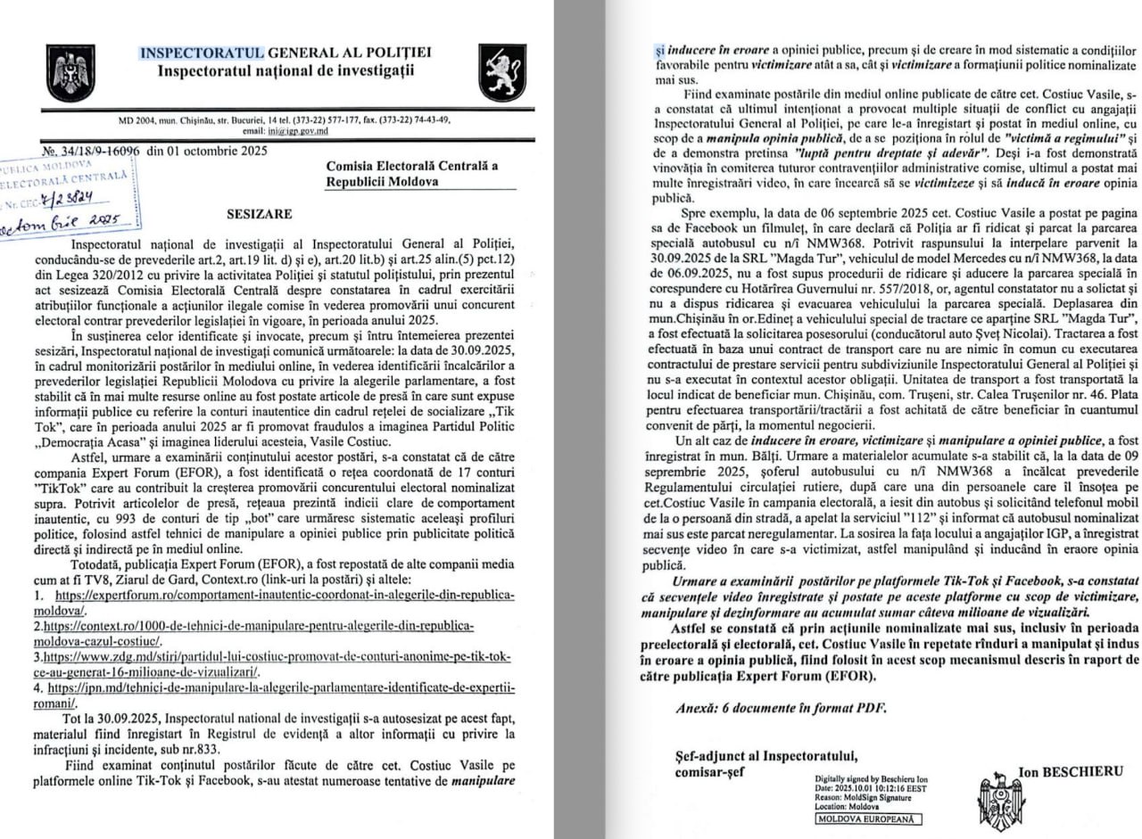 ‍♀️ Poliția a trimis ieri sesizare la CEC referitor la modul cum s-a promovat Vasile Costiuc și Democrația Acasă în electorală. Polițiștii spun că au constatat că secvențele  video ale Democrația Acasă au avut scop de victimizare, manipulare și dezinformare, și, folosind acest truct - i-a adus vizibilitate și mln de vizualizări. INI face trimitere la acest raport