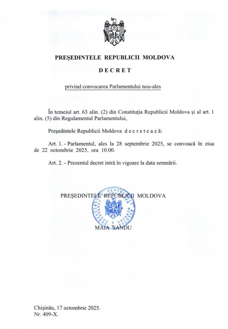 Președintele țării convoacă noul Parlament miercuri, pe 22 octombrie