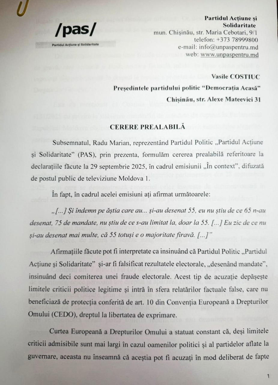 Deputatul PAS Radu Marian îi cere lui Costiuc să dezmintă "falsul grav spus la o emisiune, precum că PAS și-ar fi „desenat” și ar fi falsificat rezultatul alegerilor